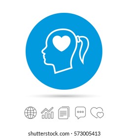 Head with heart sign icon. Female woman human head in love with pigtail symbol. Copy files, chat speech bubble and chart web icons. Vector
