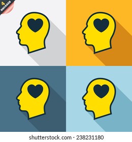 Head with heart sign icon. Male human head in love symbol. Four squares. Colored Flat design buttons. Vector