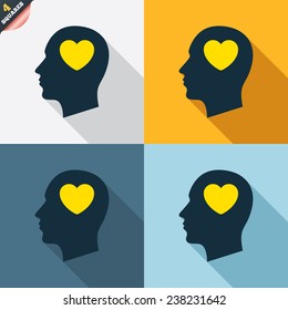 Head with heart sign icon. Male human head in love symbol. Four squares. Colored Flat design buttons. Vector