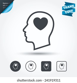 Head with heart sign icon. Male human head in love symbol. Circle and square buttons. Flat design set. Thank you ribbon. Vector