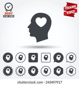 Head with heart sign icon. Male human head in love symbol. Circle, star, speech bubble and square buttons. Award medal with check mark. Thank you ribbon. Vector
