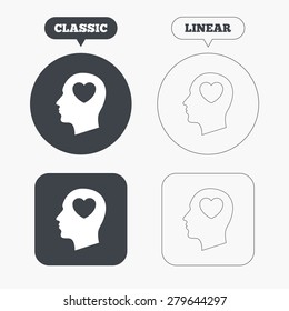 Head with heart sign icon. Male human head in love symbol. Classic and line web buttons. Circles and squares. Vector
