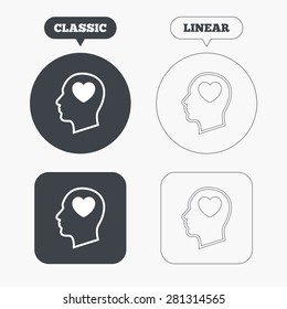 Head with heart sign icon. Male human head in love symbol. Classic and line web buttons. Circles and squares. Vector