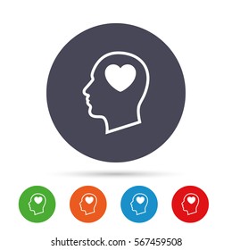 Head With Heart Sign Icon. Male Human Head In Love Symbol. Round Colourful Buttons With Flat Icons. Vector