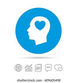 Head with heart sign icon. Male human head in love symbol. Copy files, chat speech bubble and chart web icons. Vector