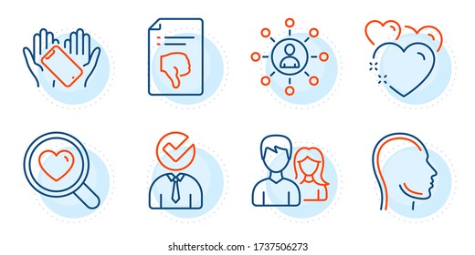 Head, Heart and Smartphone holding signs. Vacancy, Thumb down and Networking line icons set. Search love, Couple symbols. Businessman concept, Decline file. People set. Outline icons set. Vector