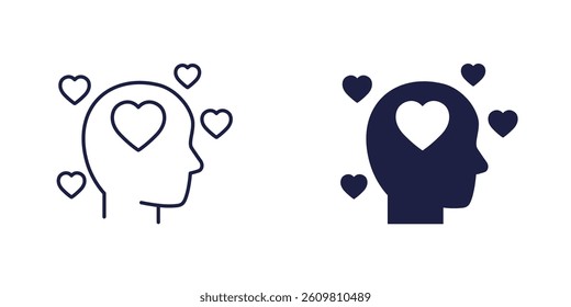 head with hearts, affection and passion icons, line and solid design