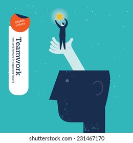 Head with helping hand with man and star. Vector illustration Eps10 file. Global colors. Text and Texture in separate layers.
