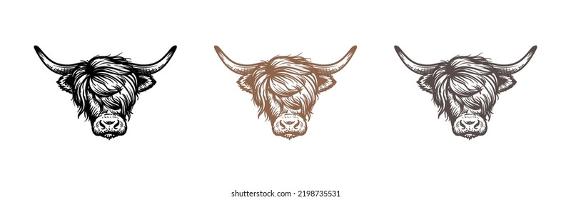 Head of highland cattle cow illustration hand drawn symbol icon logo vector. Farm logo design