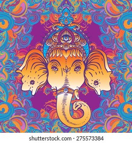 Head of Hindu god Ganesha. Vector illustration over colorful mandala pattern.