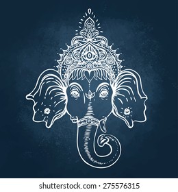 Head of Hindu god Ganesha. Vector illustration over a blackboard.