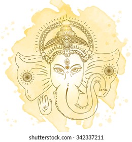 Head of Hindu god Ganesha. Vector illustration over watercolor background.