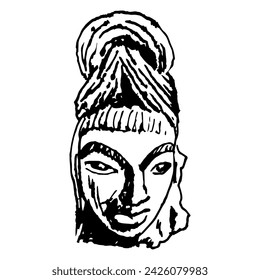 Head of Hindu god Shiva from Ahichchhatra, Uttar Pradesh, India. Ancient Indian sculpture. Male portrait with elaborate hairdo. Hand drawn rough sketch. Black and white silhouette.