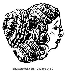 Head of Hindu goddess Parvati from Ahichchhatra, Uttar Pradesh, India. Ancient Indian sculpture of Gupta period. Beautiful female portrait with elaborate hairdo. Hand drawn linear doodle rough sketch.