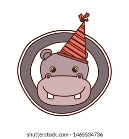 head of hippo with party hat on white background