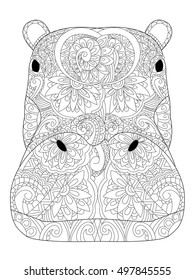 Head hippopotamus coloring book vector illustration. Anti-stress coloring for adult. Zentangle style. Black and white lines. Lace pattern