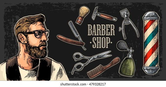 Head hipster and equipment for BarberShop with comb, razor, shaving brush, pole, scissors and bottle spray. Vector hand drawn vintage engraving for poster, label, web. Isolated on dark background