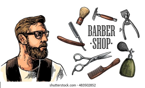 Head hipster and equipment for BarberShop with comb, razor, shaving brush, scissors and bottle spray. Vector color hand drawn vintage engraving for poster, label, banner. Isolated on white background