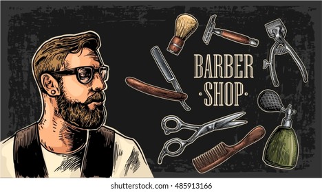 Head hipster and equipment for BarberShop with comb, razor, shaving brush, scissors and bottle spray. Vector hand drawn vintage engraving for poster, label, banner, web. Isolated on dark background