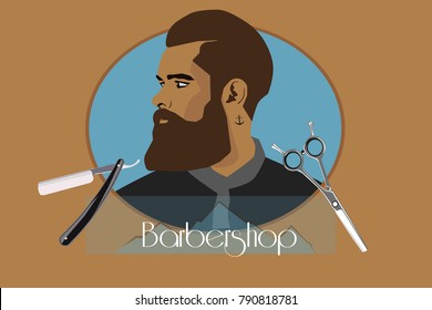 Head hipster and equipment for BarberShop with razor and scissors . Vector drawn vintage engraving for poster, label, web