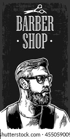 Head hipster glasses and a beard. Vector hand drawn vintage engraving for Barber Shop, poster, label, banner, web. Isolated on dark background
