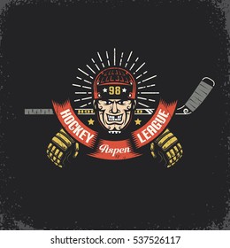 Head of of a hockey player with a stick, ribbon and gloves - retro logo. Layered vector illustration - grunge texture, text, background separately and can be easily disabled.