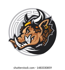 Head of Hog Viking Mascot Logo in Vector Illustration