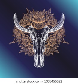 Head of a horned animal with peony flowers in the style of boho. Outline vector illustration on dark blue background for posters, websites, engraving and much more.