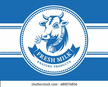 Head of a horned cow with a bell - fresh milk, natural product - emblem, illustration, logo design