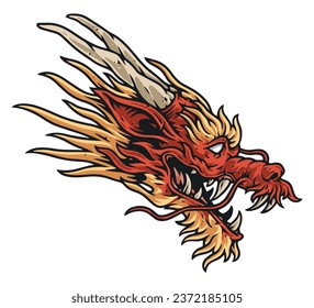 Head horned dragon colorful emblem with monster from Chinese comics with horns and devilish look vector illustration