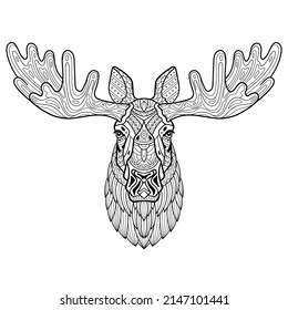 Head of a horned elk. Hand-drawn moose portrait. Sketch graphics monochrome illustration on white background. Patterned head of an adult cattle. Full face. Ethnic motifs. Vector illustration.