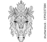 Head of horse. Abstract vector contour illustration isolated on white background. For adult anti stress coloring book page with doodle and zentangle elements, design, print, decor, tattoo, t-shirt.