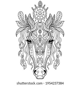 Head of horse. Abstract vector contour illustration isolated on white background. For adult anti stress coloring book page with doodle and zentangle elements, design, print, decor, tattoo, t-shirt.