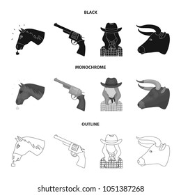 Head of a horse, a bull head, a revolver, a cowboy girl. Rodeo set collection icons in black,monochrome,outline style vector symbol stock illustration web.