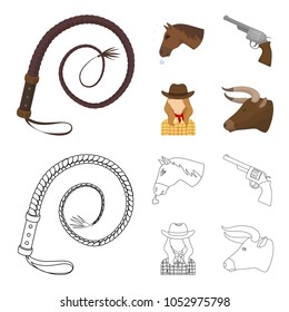 Head of a horse, a bull head, a revolver, a cowboy girl. Rodeo set collection icons in cartoon,outline style vector symbol stock illustration web.