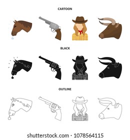 Head of a horse, a bull head, a revolver, a cowboy girl. Rodeo set collection icons in cartoon,black,outline style vector symbol stock illustration web.