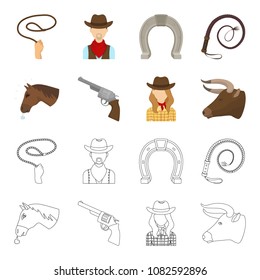 Head of a horse, a bull head, a revolver, a cowboy girl. Rodeo set collection icons in cartoon,outline style vector symbol stock illustration web.