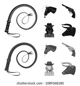 Head of a horse, a bull head, a revolver, a cowboy girl. Rodeo set collection icons in black,monochrom style vector symbol stock illustration web.