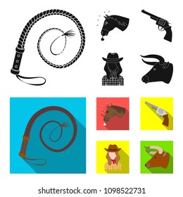 Head of a horse, a bull head, a revolver, a cowboy girl. Rodeo set collection icons in black, flat style vector symbol stock illustration web.