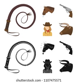 Head of a horse, a bull head, a revolver, a cowboy girl. Rodeo set collection icons in cartoon,black style vector symbol stock illustration web.