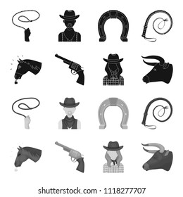 Head of a horse, a bull head, a revolver, a cowboy girl. Rodeo set collection icons in black,monochrome style vector symbol stock illustration web.