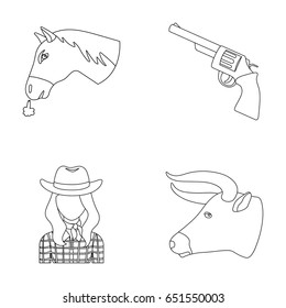 Head of a horse, a bull s head, a revolver, a cowgirl. Rodeo set collection icons in outline style vector symbol stock illustration web.