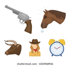 Head of a horse, a bull's head, a revolver, a cowboy girl. Rodeo set collection icons in cartoon style vector symbol stock illustration web.