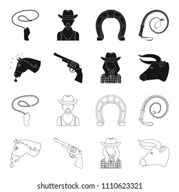 Head of a horse, a bull's head, a revolver, a cowboy girl. Rodeo set collection icons in black,outline style vector symbol stock illustration web.