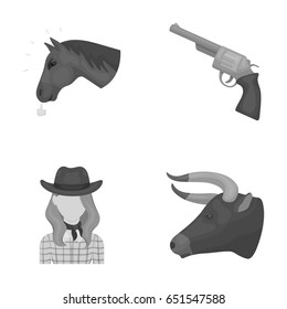 Head of a horse, a bull's head, a revolver, a cowgirl. Rodeo set collection icons in monochrome style vector symbol stock illustration web.