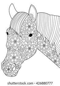 Head horse coloring book for adults vector illustration. Anti-stress coloring for adult. Nag zentangle style. Black and white lines. Lace pattern