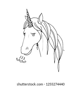 Head of a horse with a cone for ice cream tied to his forehead. Humor, design element, illustration.