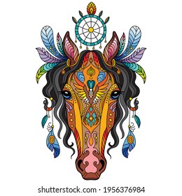 Head of horse with doodle and zentangle elements. Abstract vector colorful illustration isolated on white background. For design, print, decor, tattoo, t-shirt, puzzle, poster, porcelain and stickers.