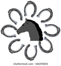 The head of a horse and horseshoe. The illustration on a white background.