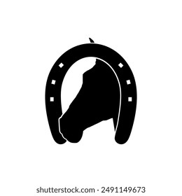 Cabeza de caballo en la silueta de herradura, estilo plano, puede utilizar para el icono, símbolo, logotipo Gram, ilustración de arte, pictograma, App, Sitio web o elemento de Diseño gráfico. Ilustración vectorial